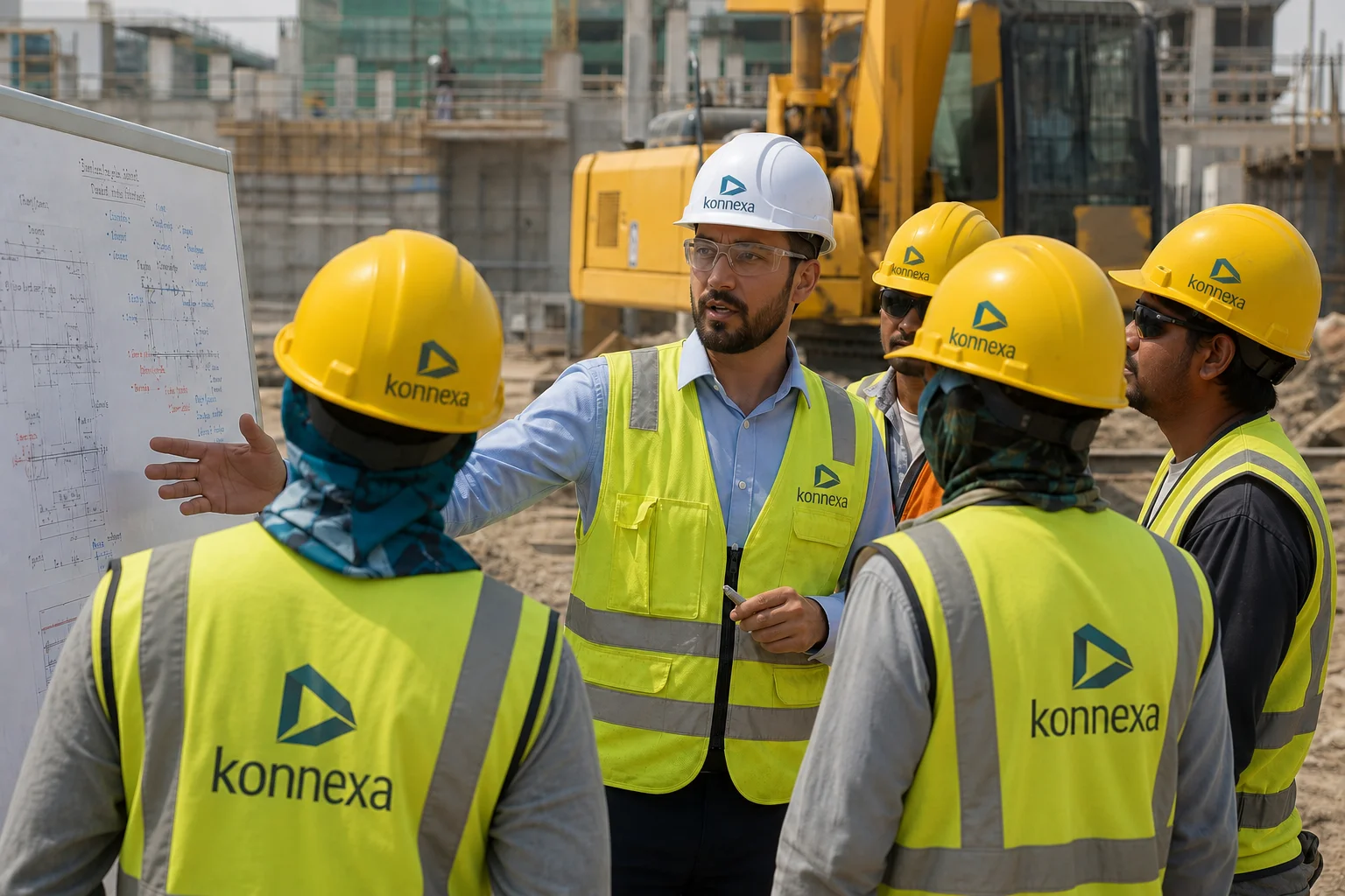 Konnexa engineers reviewing structural plans on site
