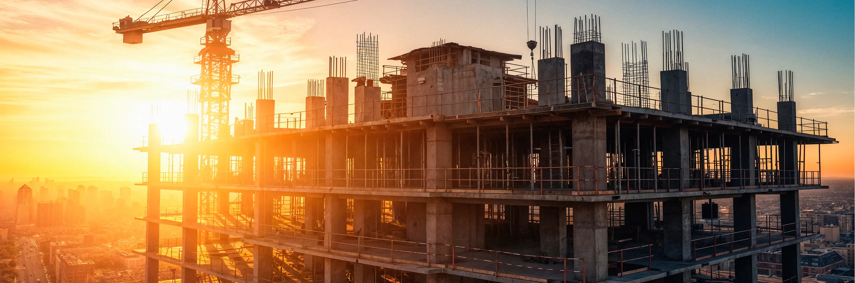 High-rise construction site at sunset