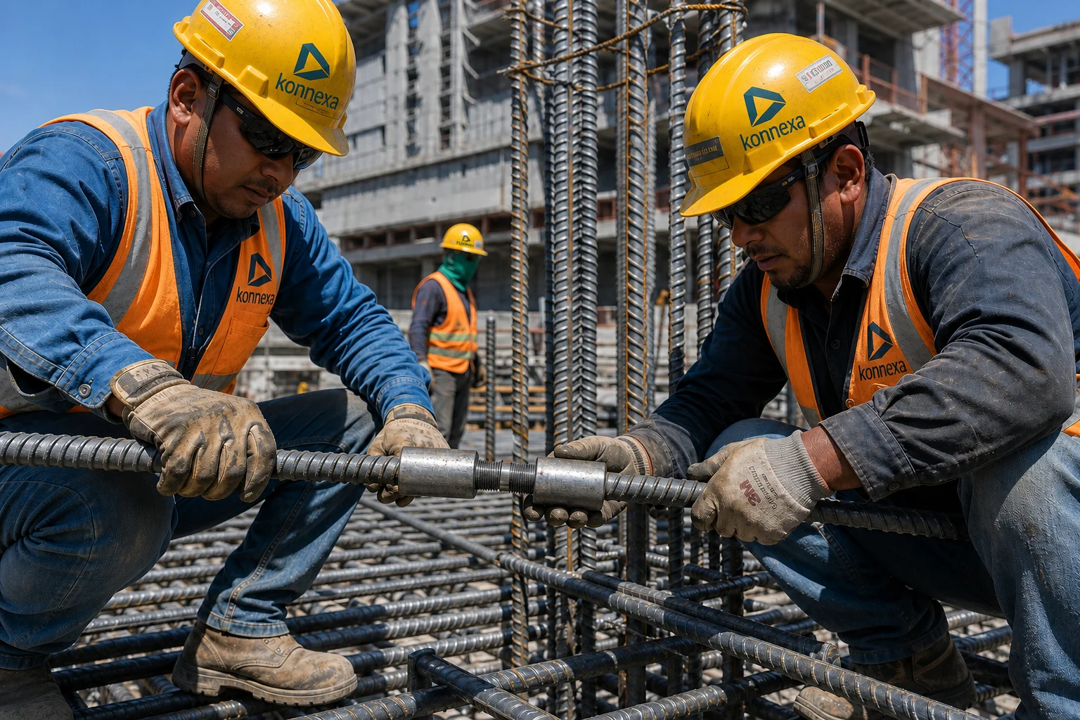 Konnexa workers joining rebar with mechanical couplers