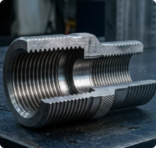 Transition NEX coupler cutaway showing stepped internal threads
